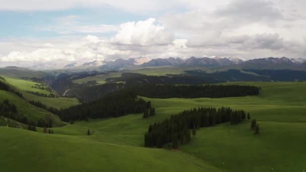 Picos de montanha e prados estão sob nuvens brancas. — Vídeo de Stock