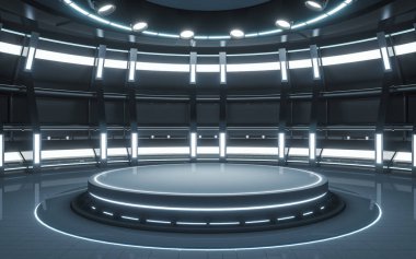 Boş oda ve spot ışıkları, 3D görüntüleme. Bilgisayar dijital çizimi.