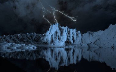 Yıldırımlı ve karlı dağlar, 3D görüntüleme. Bilgisayar dijital çizimi.