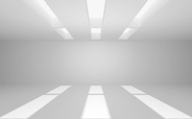 Beyaz boş oda, 3D görüntüleme. Bilgisayar dijital çizimi.