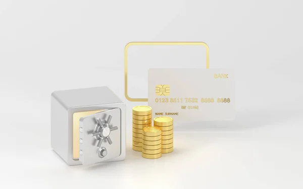 白い背景を持つセーフボックスと金のコイン 3Dレンダリング コンピュータ デジタル ドローイング — ストック写真