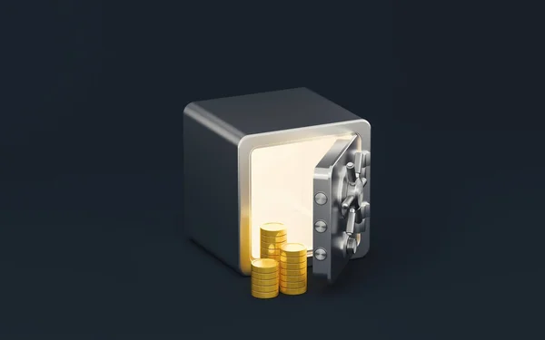 Χρυσά Νομίσματα Και Χρηματοκιβώτιο Σκούρο Φόντο Απόδοση Ψηφιακό Σχέδιο Υπολογιστή — Φωτογραφία Αρχείου