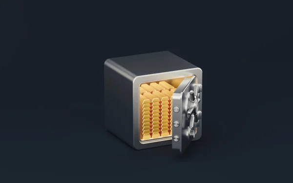 Gold bars and safe box with dark background, 3d rendering. Computer digital drawing.