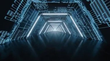 Mavi arkaplanlı tünel ve neon, 3d görüntüleme.