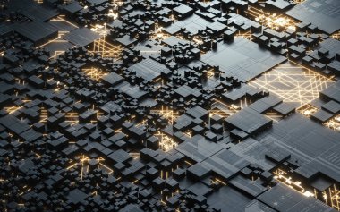 Devreler ve küpleri siyah arkaplanlı, üç boyutlu. Bilgisayar dijital çizimi.