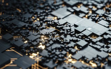 Devreler ve küpleri siyah arkaplanlı, üç boyutlu. Bilgisayar dijital çizimi.