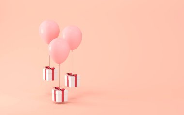 Balonlar ve pembe arka planlı hediyeler, 3D görüntüleme. Bilgisayar dijital çizimi.