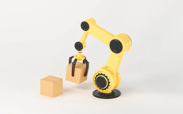 Brazo Robótico Recoge Caja Renderizado Dibujo Digital Informático —  Fotos de Stock