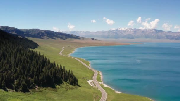 Lago Pastizales Con Día Soleado Fotografía Aérea Sayram Lake Xinjiang — Vídeos de Stock