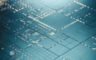 Devreler ve elektrik, mavi arka plan, 3D görüntüleme. Bilgisayar dijital çizimi.