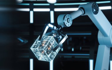 Mekanik kol ve küp yuvarlak bir odada, üç boyutlu görüntüleme. Bilgisayar dijital çizimi.