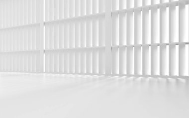 Beyaz boş oda, 3D görüntüleme. Bilgisayar dijital çizimi.