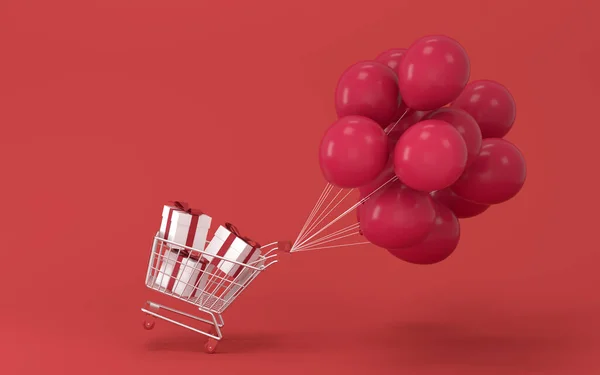 Luftballons Und Geschenke Mit Rotem Hintergrund Darstellung Digitale Computerzeichnung — Stockfoto