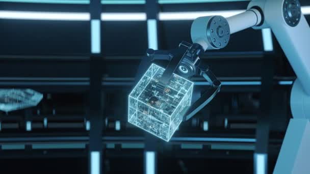 未来的な部屋の機械アームとキューブ 3Dレンダリング — ストック動画