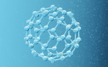 Mavi arka planlı kimyasal molekül, 3 boyutlu görüntüleme. Bilgisayar dijital çizimi.