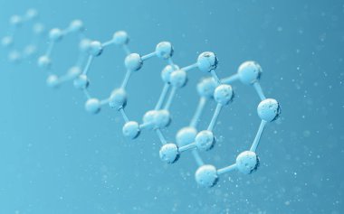 Mavi arka planlı kimyasal molekül, 3 boyutlu görüntüleme. Bilgisayar dijital çizimi.