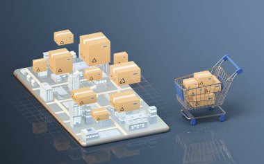 Ekspres teslimat şehre ulaşır, 3 boyutlu olarak. Bilgisayar dijital çizimi.