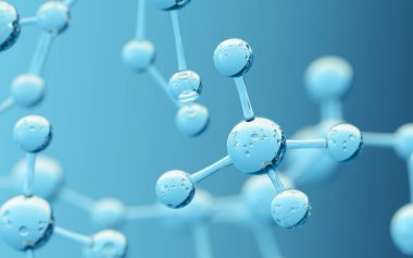 Mavi arka planlı kimyasal molekül, 3 boyutlu görüntüleme. Bilgisayar dijital çizimi.
