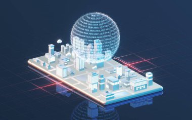 Akıllı telefon ve küresel veri, 3D görüntüleme. Bilgisayar dijital çizimi.