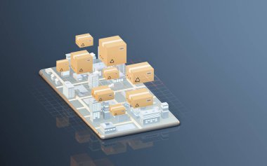 Ekspres teslimat şehre ulaşır, 3 boyutlu olarak. Bilgisayar dijital çizimi.