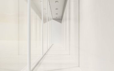 Beyaz boş koridor, 3D görüntüleme. Bilgisayar dijital çizimi.