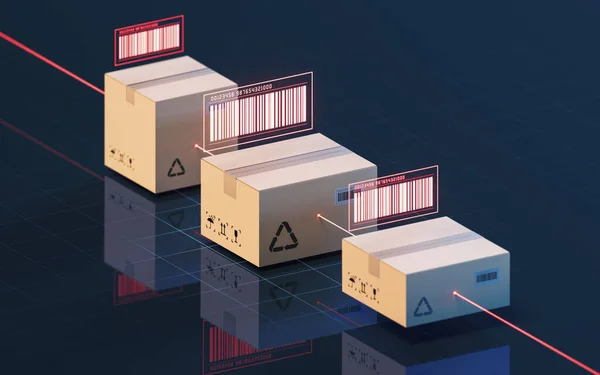 Cartonagem Código Barras Inspeção Transporte Mercadorias Renderização Desenho Digital Computador — Fotografia de Stock