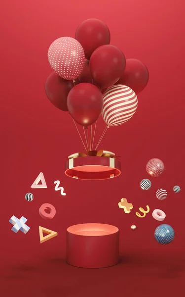 Balonlar Kırmızı Arka Planlı Hediyeler Görüntüleme Bilgisayar Dijital Çizimi — Stok fotoğraf