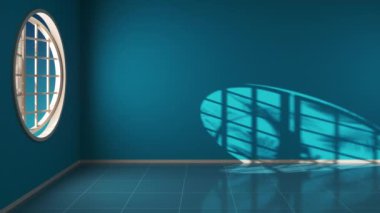 Zaman yuvarlak pencereli boş odada geçiyor, 3D görüntüleme.