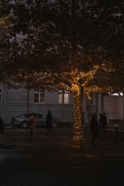 Gece şehir ışıkları ve arka planda ağaç
