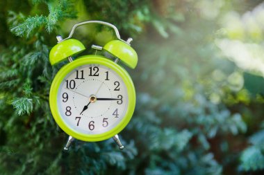 Doğadaki yeşil yapraklı yeşil alarm saati, sabah 7 kilit gösteriyor. Erken sabah konsepti.