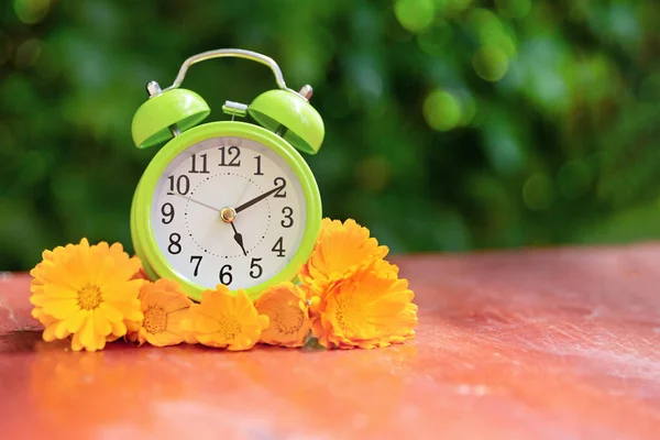 A green alarm clock with orange marigold flowers shows 5 oclock — Stockfoto