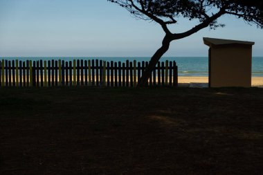 Gölgeli çit, ağaç ve sahil kulübesi, parlak kumlu sahil ve sakin denize karşı güçlü bir kontrast oluşturuyor.