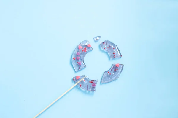 Broken Pieces Transparent Candy Little Hearts Stick Smashed Lollipop Sprinkles — Stock Photo, Image