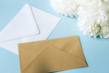 Beyaz şakayık buketi ve mavi arka planda iki kağıt zarf. Yan görünüm