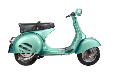 Vintage Vespa motosikleti - İtalya 1959 - beyaz arka planda izole - deniz mavisi