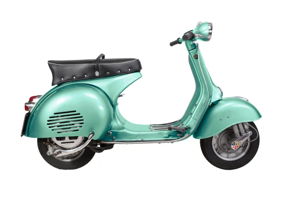 Vintage Vespa Motocicleta Itália 1959 Isolado Sobre Fundo Branco Teal Fotos De Bancos De Imagens