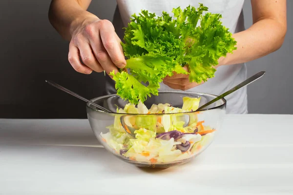 Vrouw Die Gezond Voedsel Bereidt Groene Salade Detox Vegetarisch Voedsel Rechtenvrije Stockafbeeldingen