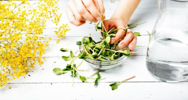 Bir kadın yeşil lahanalardan, tohumlardan ve içme suyundan oluşan bir salata hazırlıyor. Sağlıklı Detox Gıda