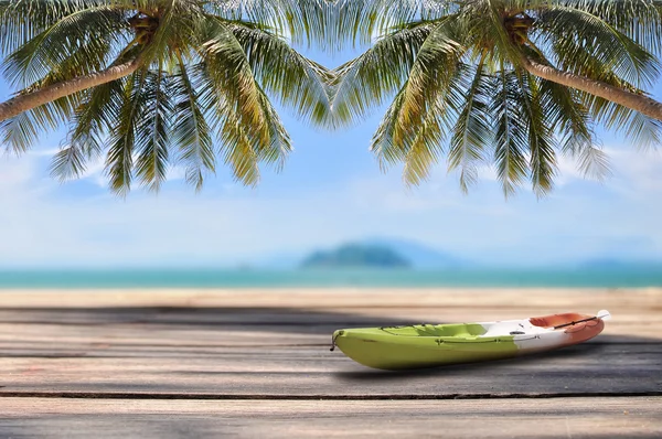 Κοκοφοίνικα palm tree και καγιάκ βάρκα με σανίδα, εμφανίζουν ιδέα προϊόντα — Φωτογραφία Αρχείου