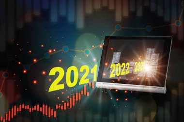 2021, 2022 ve 2023 yıllarında bilgisayar tabletlerinden para ekran yığınları ve büyüme grafiği arkaplanı çıktı. Dijital teknoloji online konsept ve zengin fikir