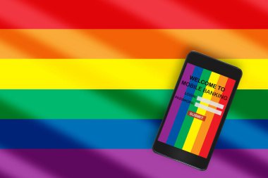 Renkli gökkuşağı arka planında akıllı telefondan mobil bankacılık işi. LGBT fintech yaşam tarzı toplum konsepti ve finansal teknoloji yatırım fikri. 