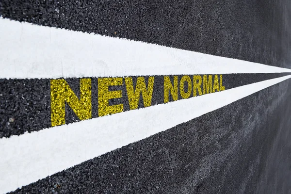 New Normal Word Asphalt Road Marking Lines Giving Directions Covid — Stock Photo, Image