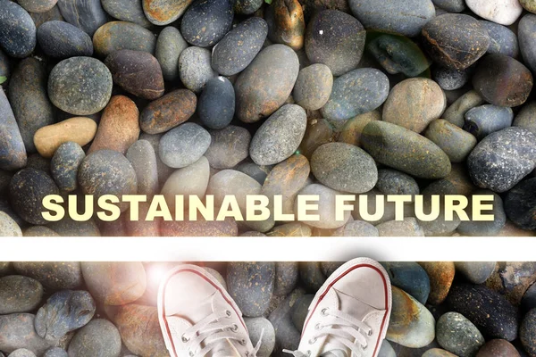 Sustainable future written on pattern of stones and starting line with white sneaker. Inspiration and motivation concept and effort idea