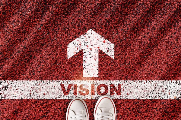 Vision Ord Startlinjen Med Pil Röd Väg Bakgrund Affärer Vidare — Stockfoto