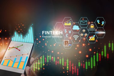Akıllı telefondaki büyüme grafikleri ve soyut arkaplanda fintech simgesi. Yapay zeka yenilik kavramı ve finansal teknoloji dönüşüm fikri