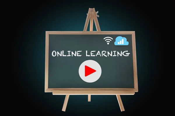 Play icon of online learning with cloud computing and wireless symbol on chalkboard. Electronic learning from home concept and digital transformation and disruption idea