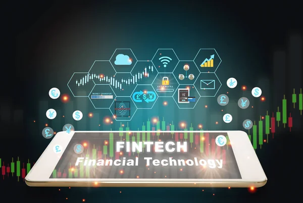 Palavras Tecnologia Financeira Tela Telefone Inteligente Com Fundo Tema Fintech — Fotografia de Stock
