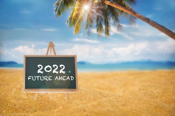 2022 Yılı Kara Tahtada Hindistan Cevizi Palmiyesi Ile Tropikal Plajda — Stok fotoğraf