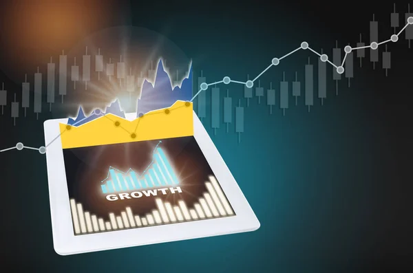 Return on investment business trading concept and growth graph idea. Growth word and arrow with chart on computer tablet on finance technology profit success background