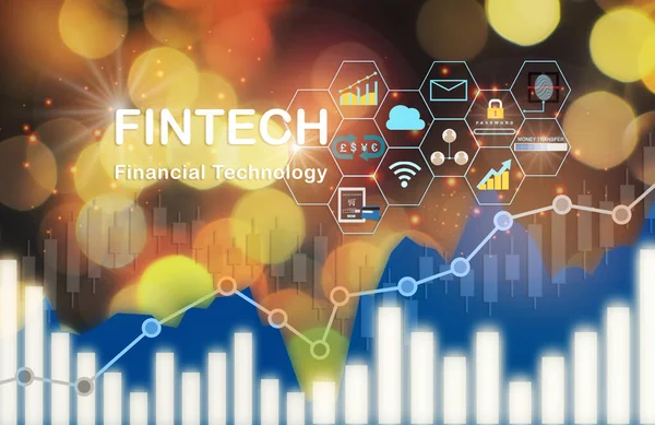 Financial technology or fintech icon on abstract bokeh background. Investment trading with technology concept and growth graph with double exposure idea